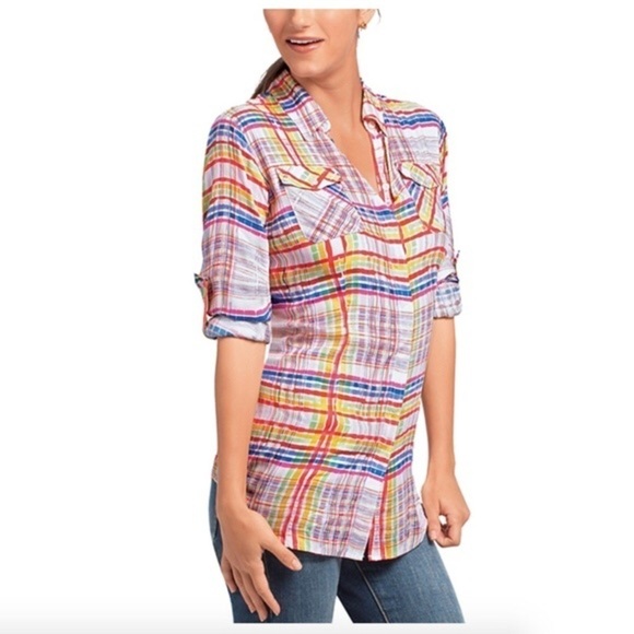 Cabi Soft Colorful Plaid Cirque Button Up Tunic Shirt XS - Picture 1 of 8